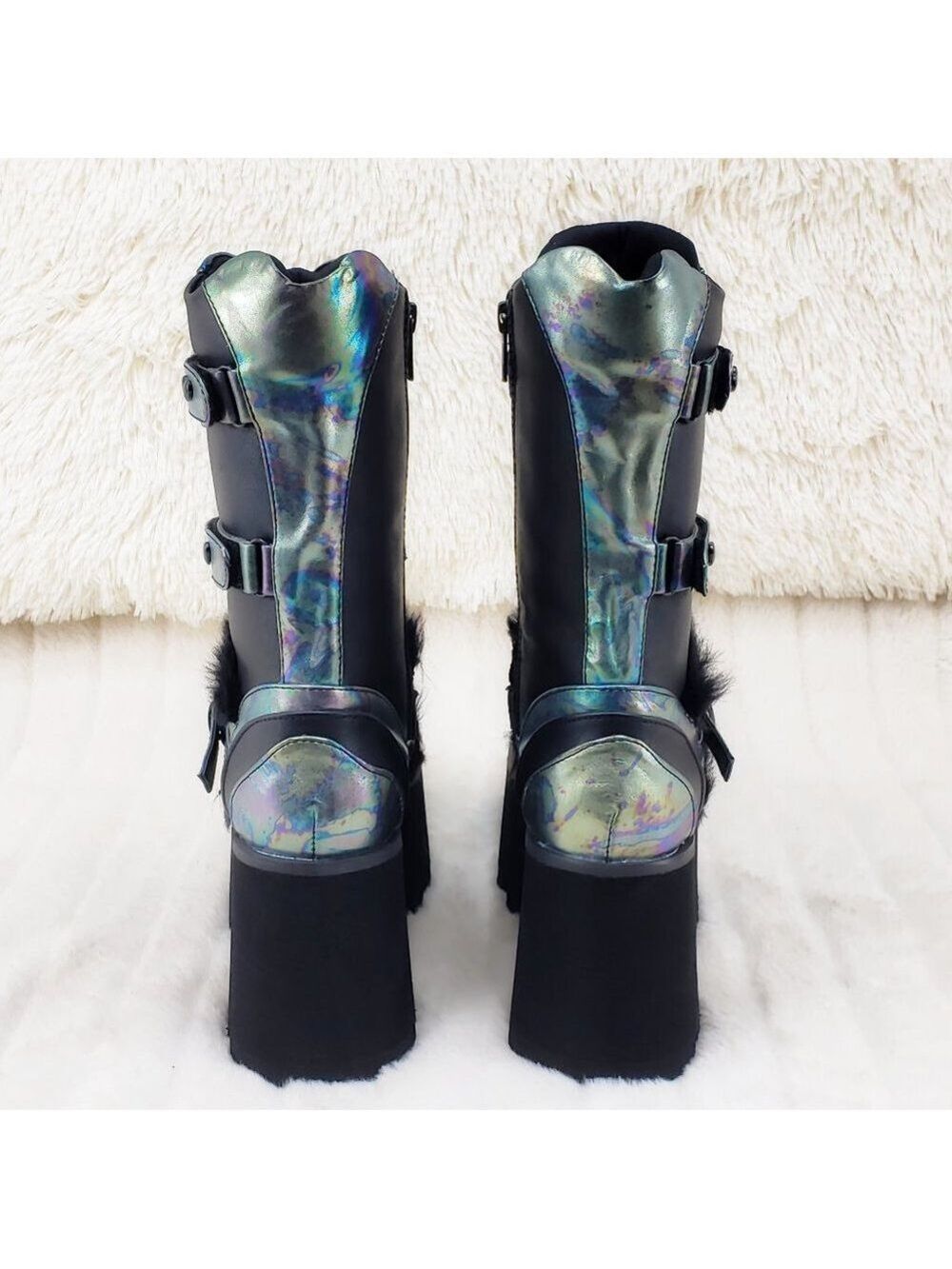 Ash Goth Punk Furry Mid Calf Platform Boots - Picture 7 of 15